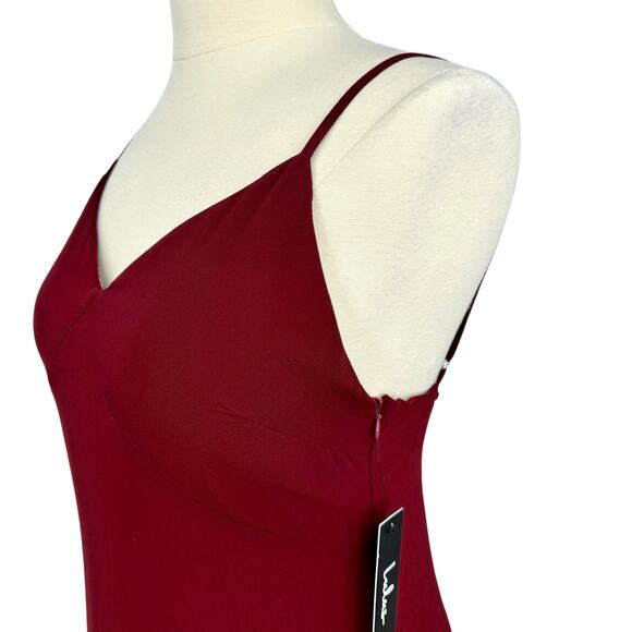 NWT Lulus Ada Lace-Up Maxi Dress Size L Burgundy Babydoll Asymmetric Ruffle Hem - Picture 7 of 16